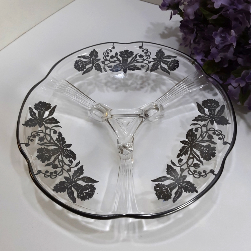 Silver Overlay Footed Glass Candy Dish 7 1/4" Vintage Floral Bridal Decor